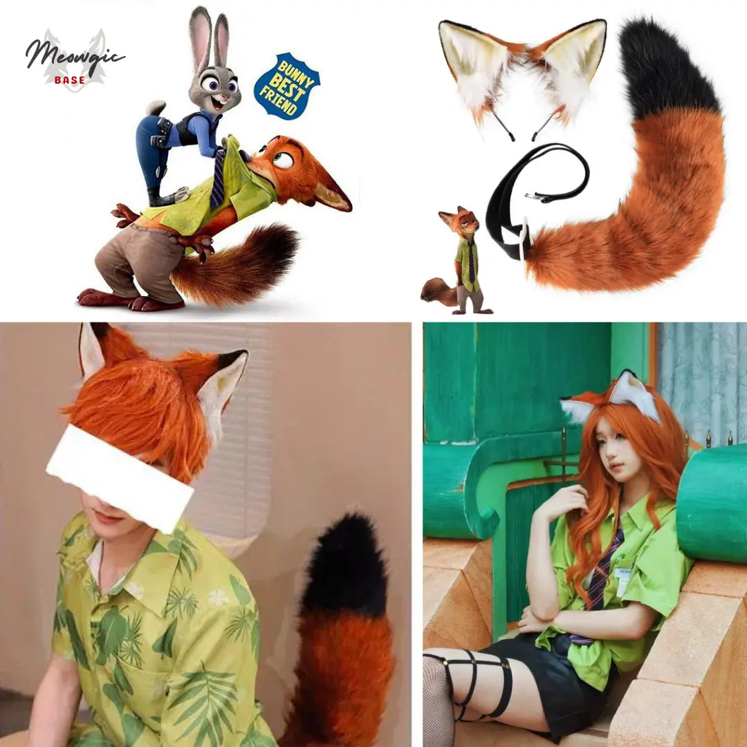 Fox Cosplay Ears & Tail Set - Luxe Adjustable Faux Fur Orange & Black Tail & Ears - Meowgicbase
