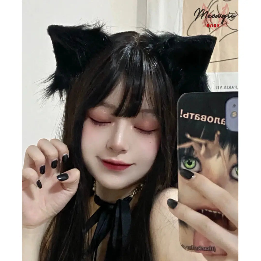 Handmade Fox Ears Headband – Kawaii Cosplay & Daily Wear Pure Black - Meowgicbase
