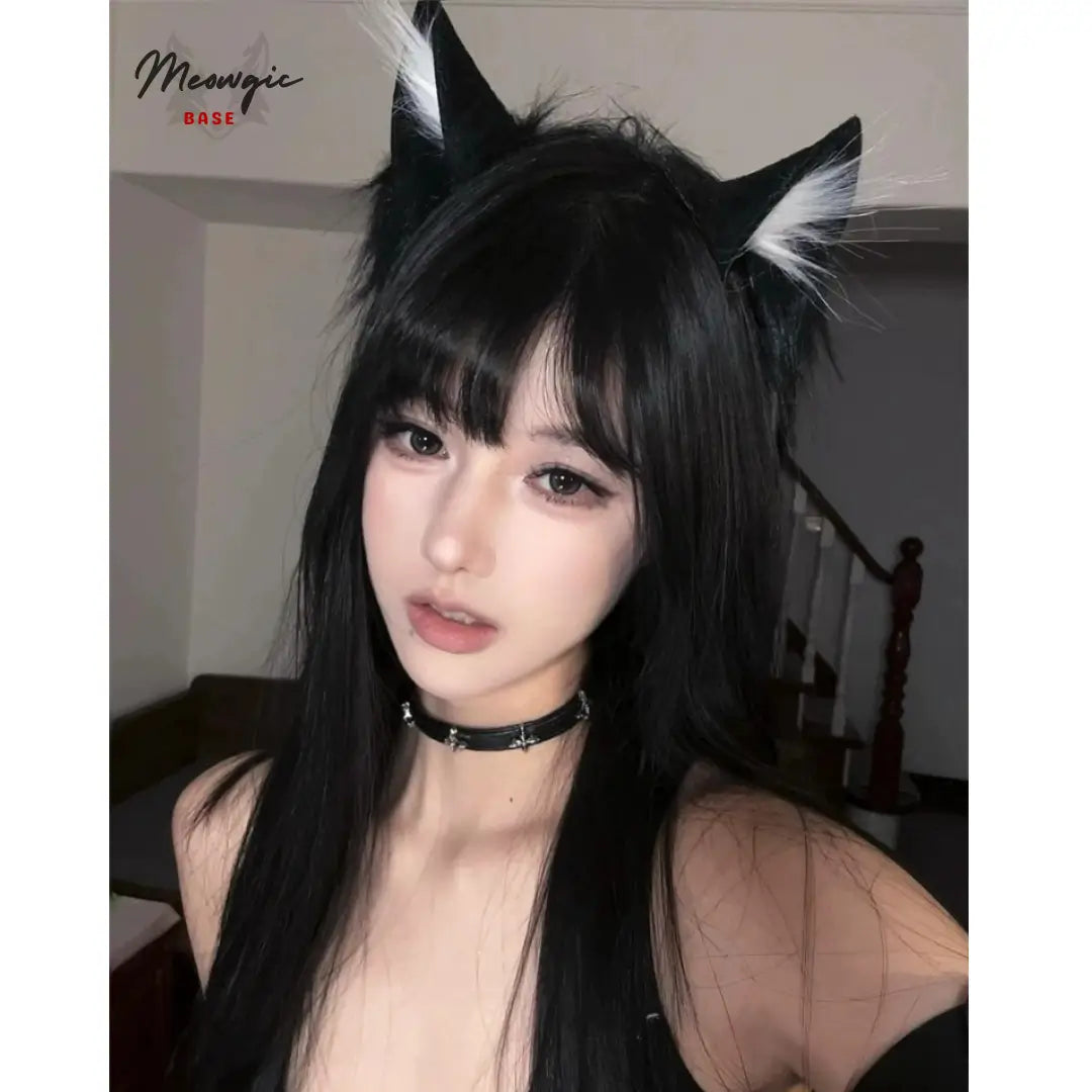 Handmade Fox Ears Headband – Kawaii Cosplay & Daily Wear Black & White - Meowgicbase