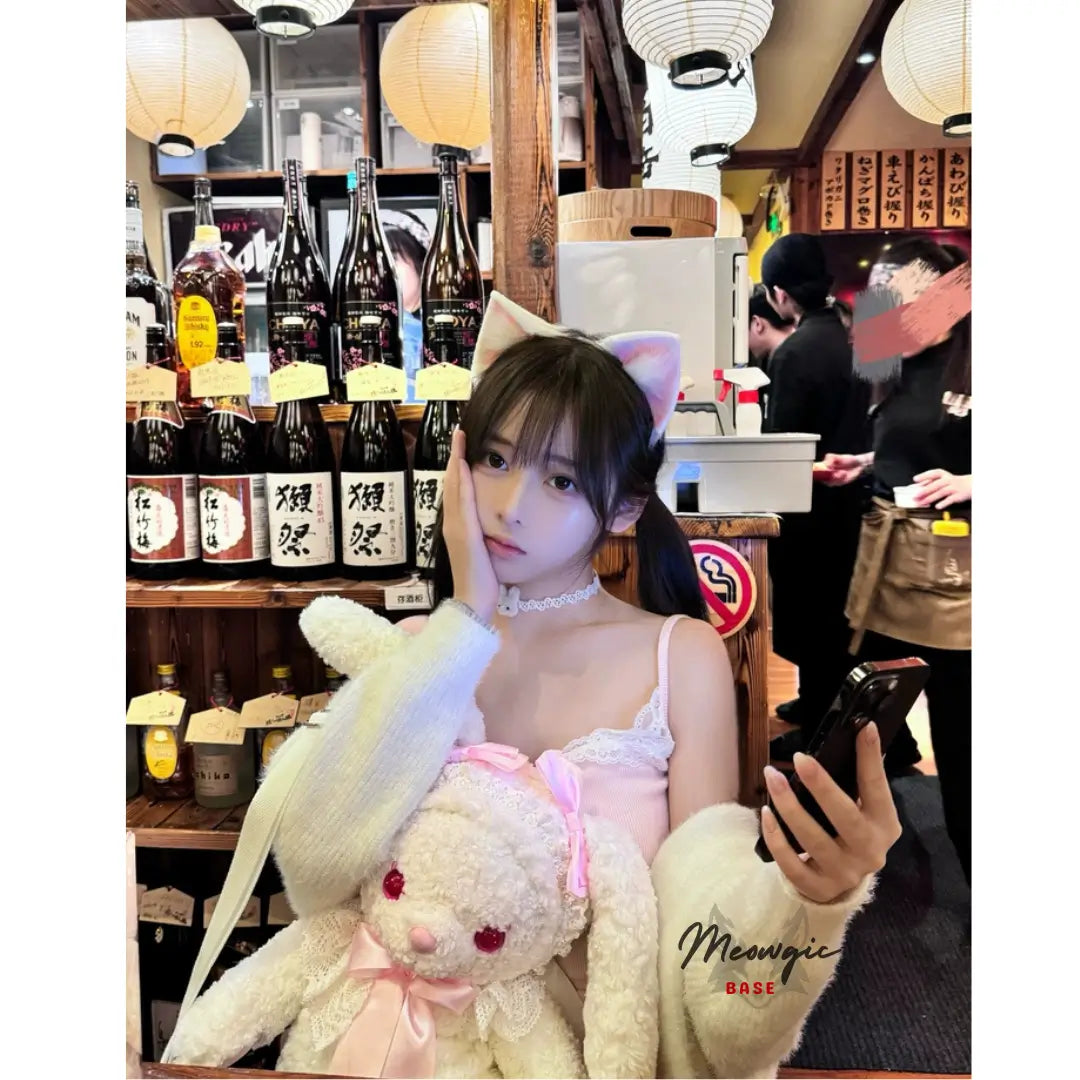 Japanese Handmade Fox Ears Headband for Cosplay Sakura Pink - Meowgicbase