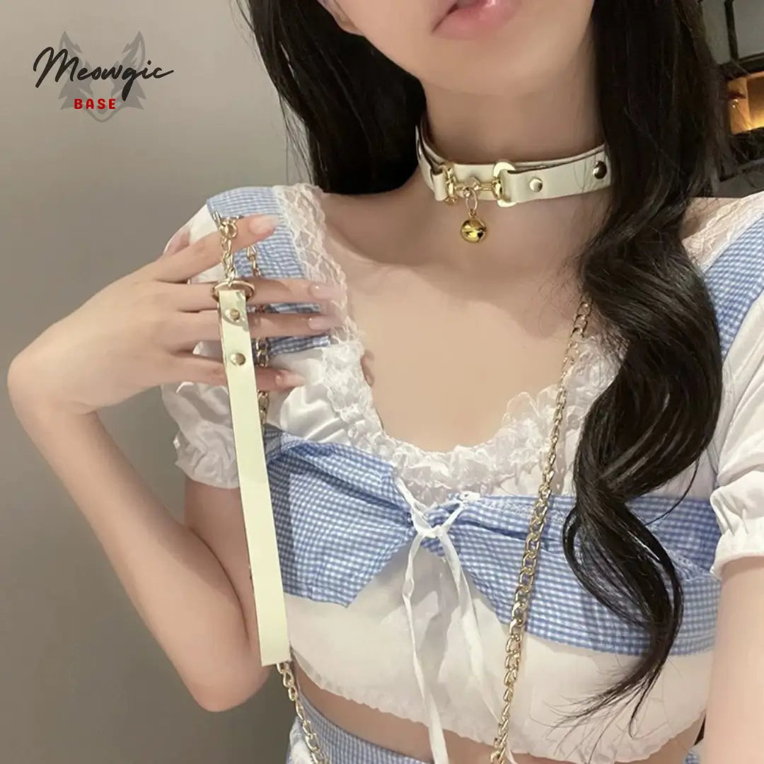 Scarlet Bell & Chain Gothic Leather Choker - Meowgicbase