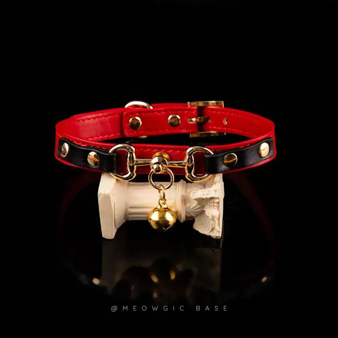Scarlet Bell & Chain Gothic Leather Choker - Meowgicbase