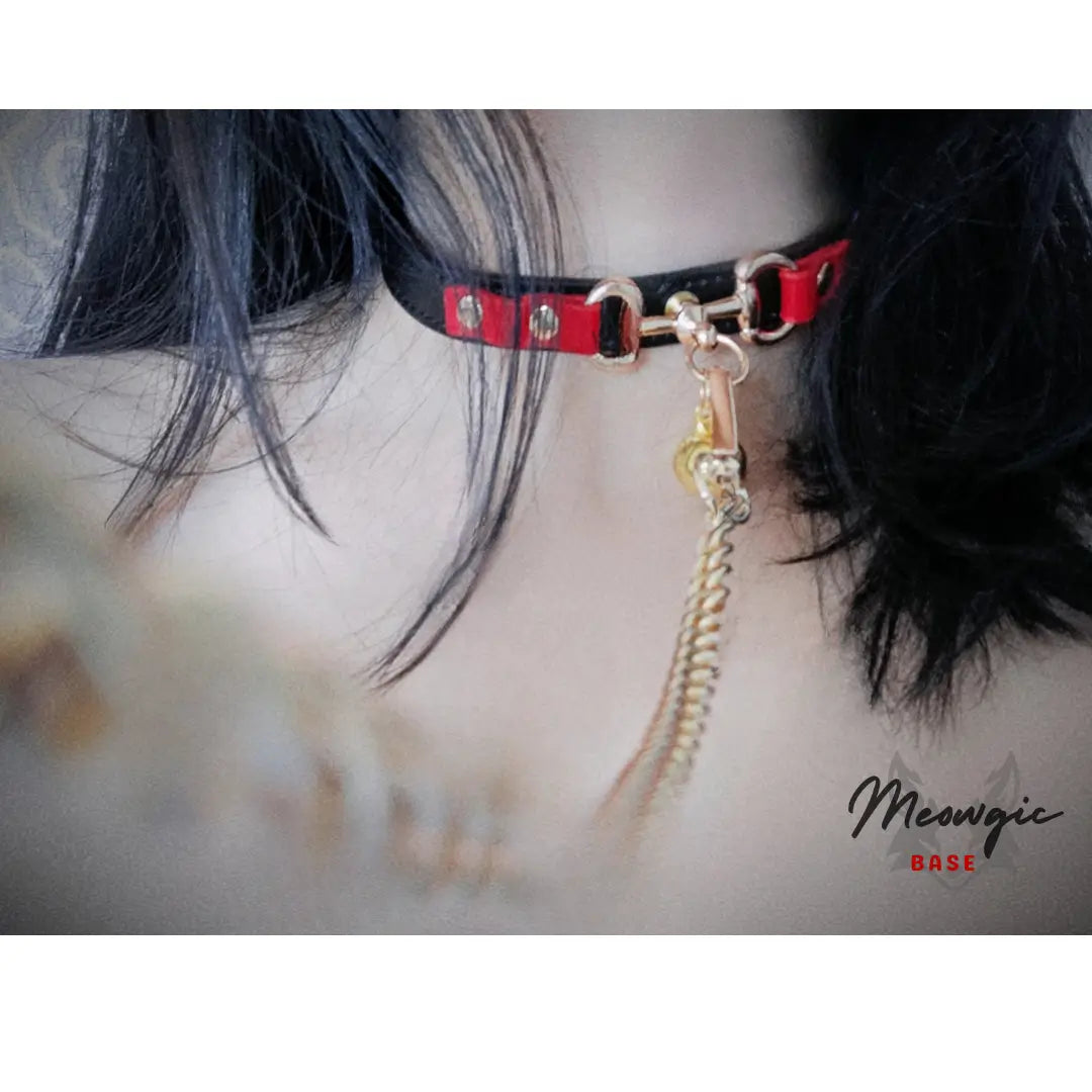 Scarlet Bell & Chain Gothic Leather Choker - Meowgicbase