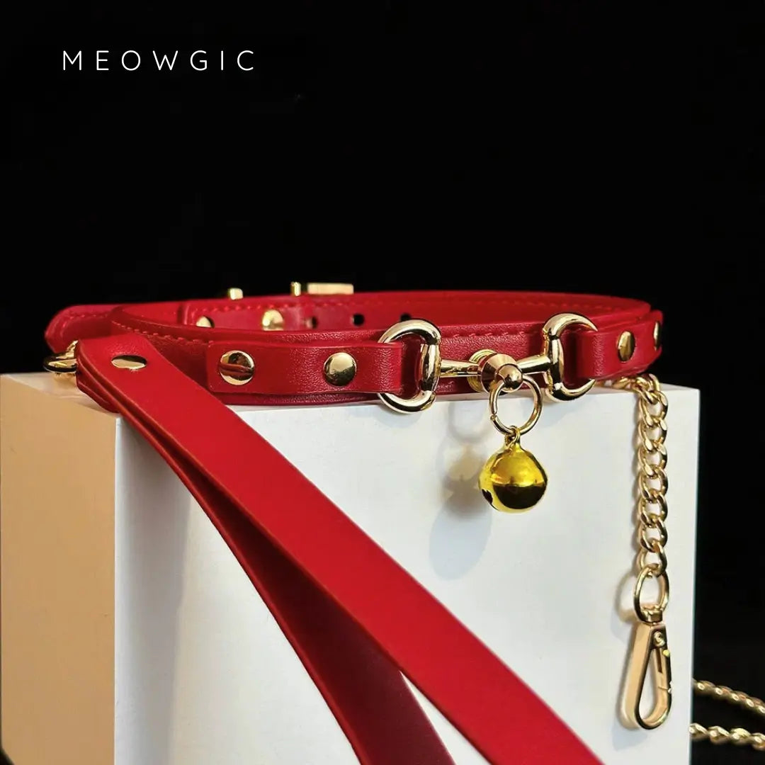 Scarlet Bell & Chain Gothic Leather Choker - Meowgicbase