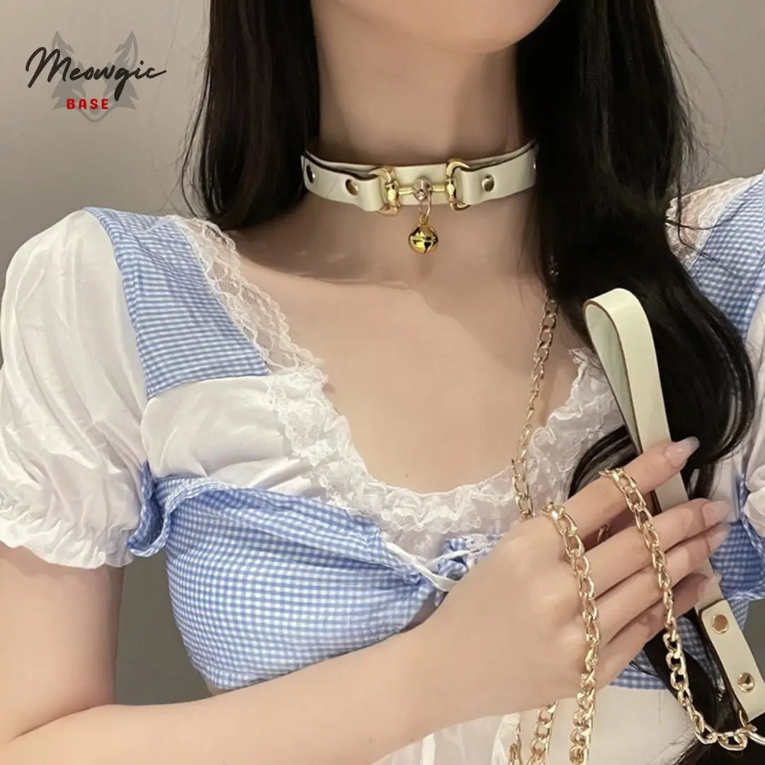 Scarlet Bell & Chain Gothic Leather Choker - Meowgicbase