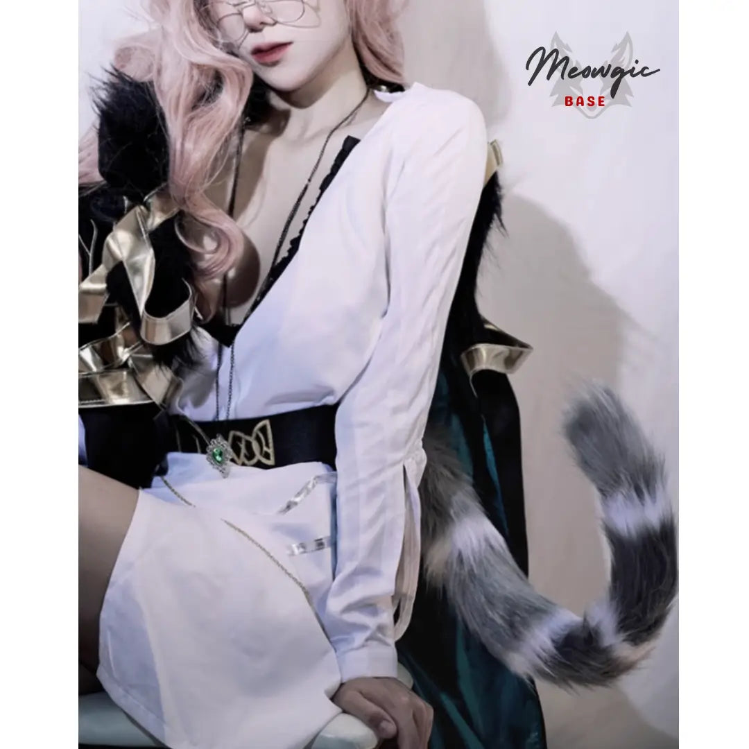 Realistic Rainbow Faux Fur Cat Tail for Cosplay & Fantasy White & Gray - Meowgicbase