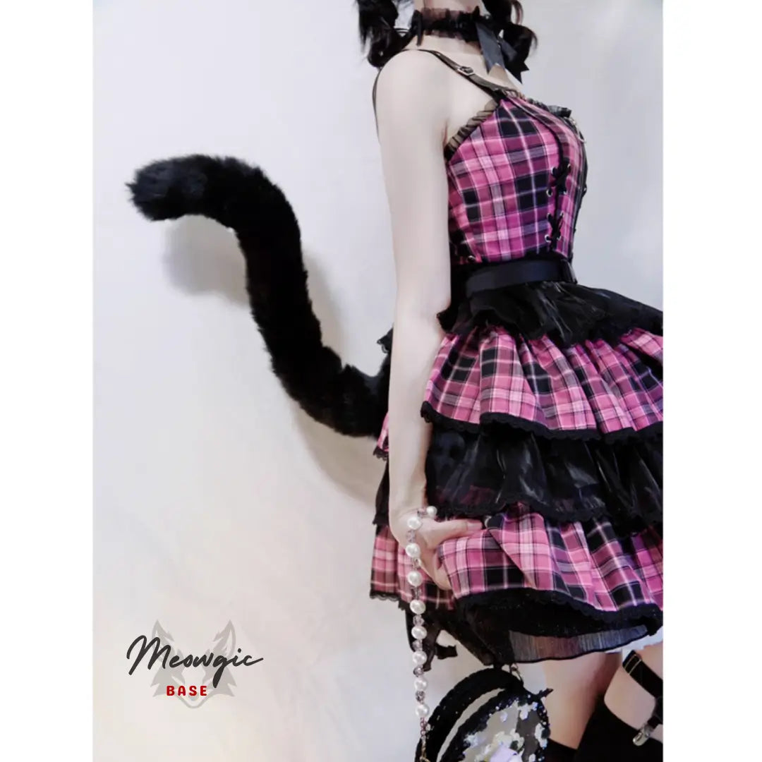 Realistic Rainbow Faux Fur Cat Tail for Cosplay & Fantasy Black - Meowgicbase