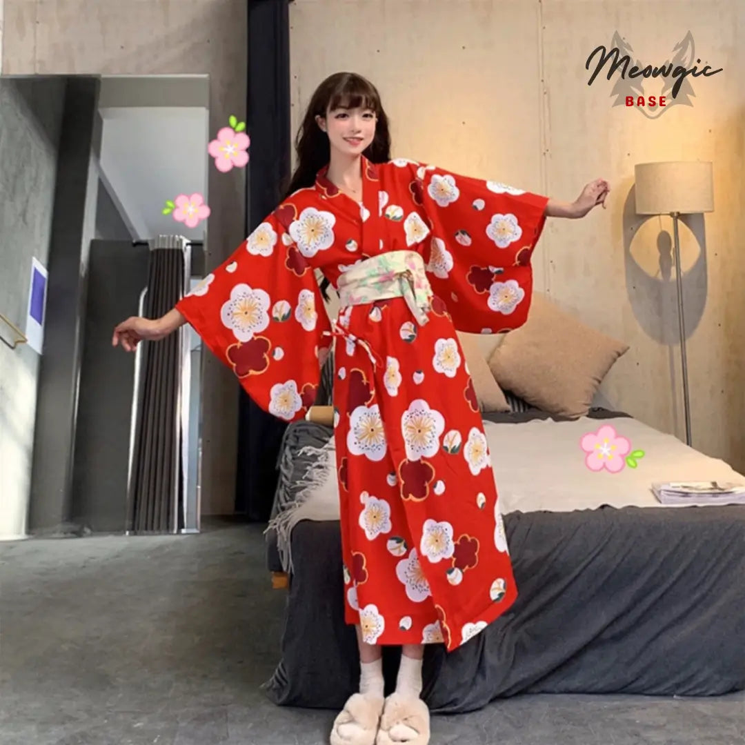 Sakura Fusion Kimono - Cosplay & Kawaii Loungewear - Red One Size (Fit 85 - 145 lbs) - Meogicbase