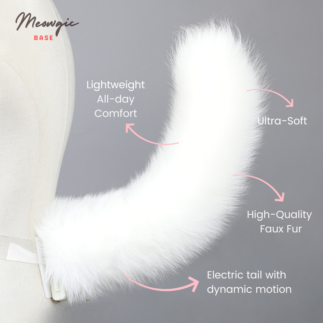 Fluffy White Kitten Electric Moving Tail - Premium Faux Fur 24 inches (60 cm) - Meogicbase