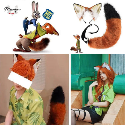 Anime Inspired Fox Ears & Tail Set - Adjustable Cosplay - Orange & Black Tail & Ears - Meogicbase
