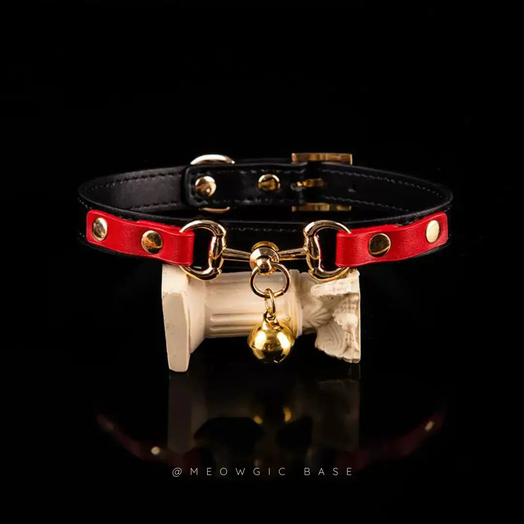 Midnight Puppy Choker With Bell and Chain - Vegan Leather Red & Black - Meogicbase