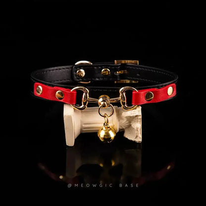 Midnight Puppy Choker With Bell and Chain - Vegan Leather Red & Black - Meogicbase