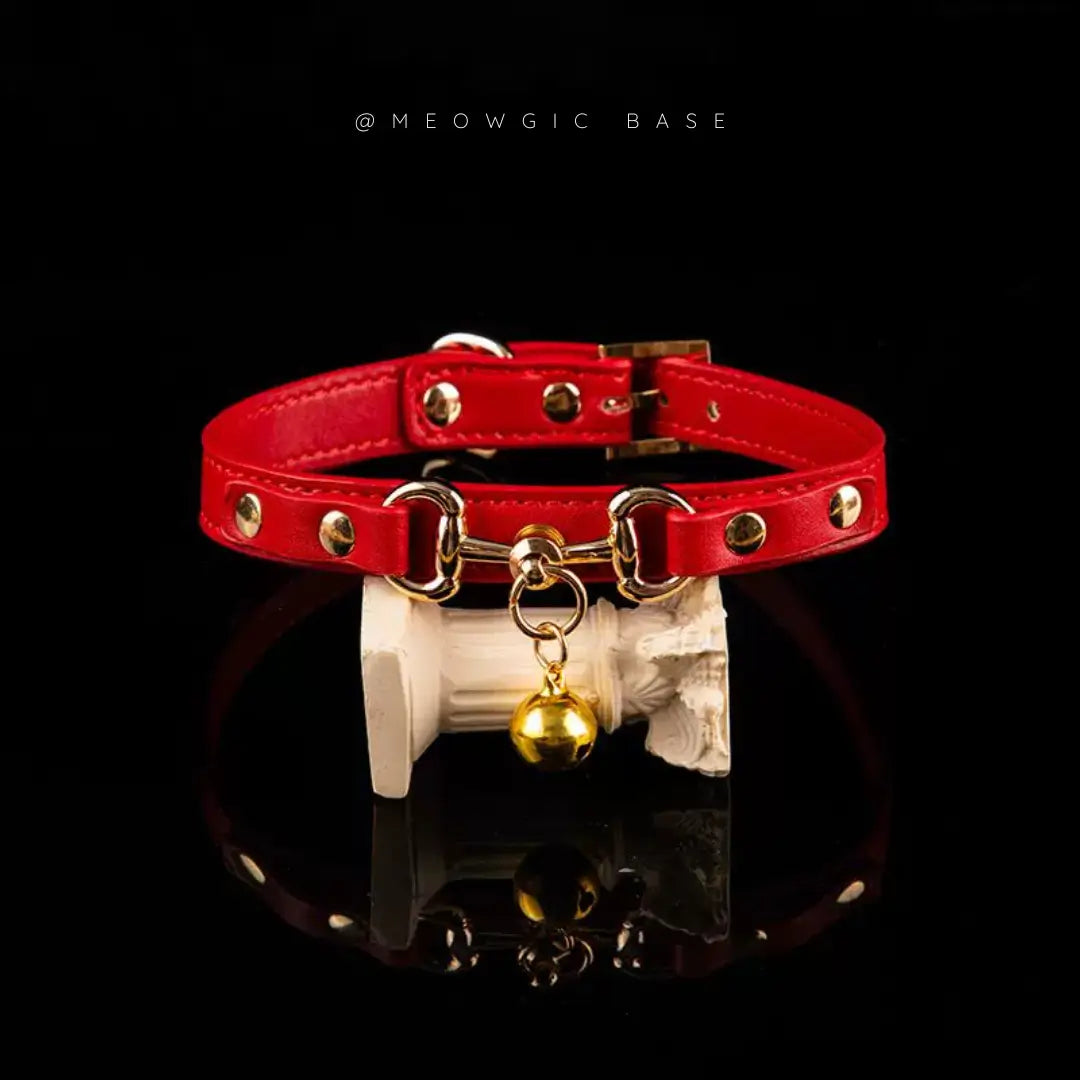 Midnight Puppy Choker With Bell and Chain - Vegan Leather Red - Meogicbase