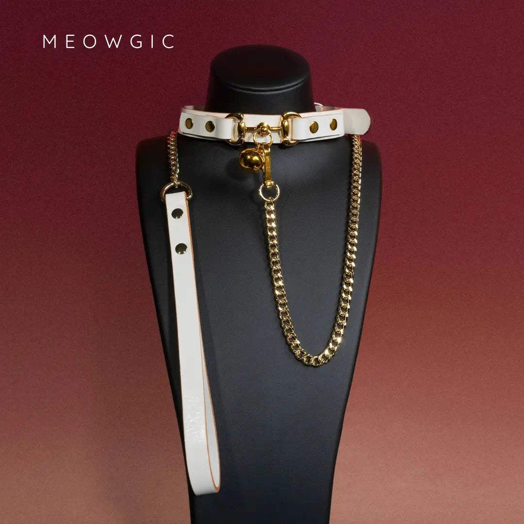 Midnight Puppy Choker With Bell and Chain - Genuine Leather - Calfskin Black - Meogicbase